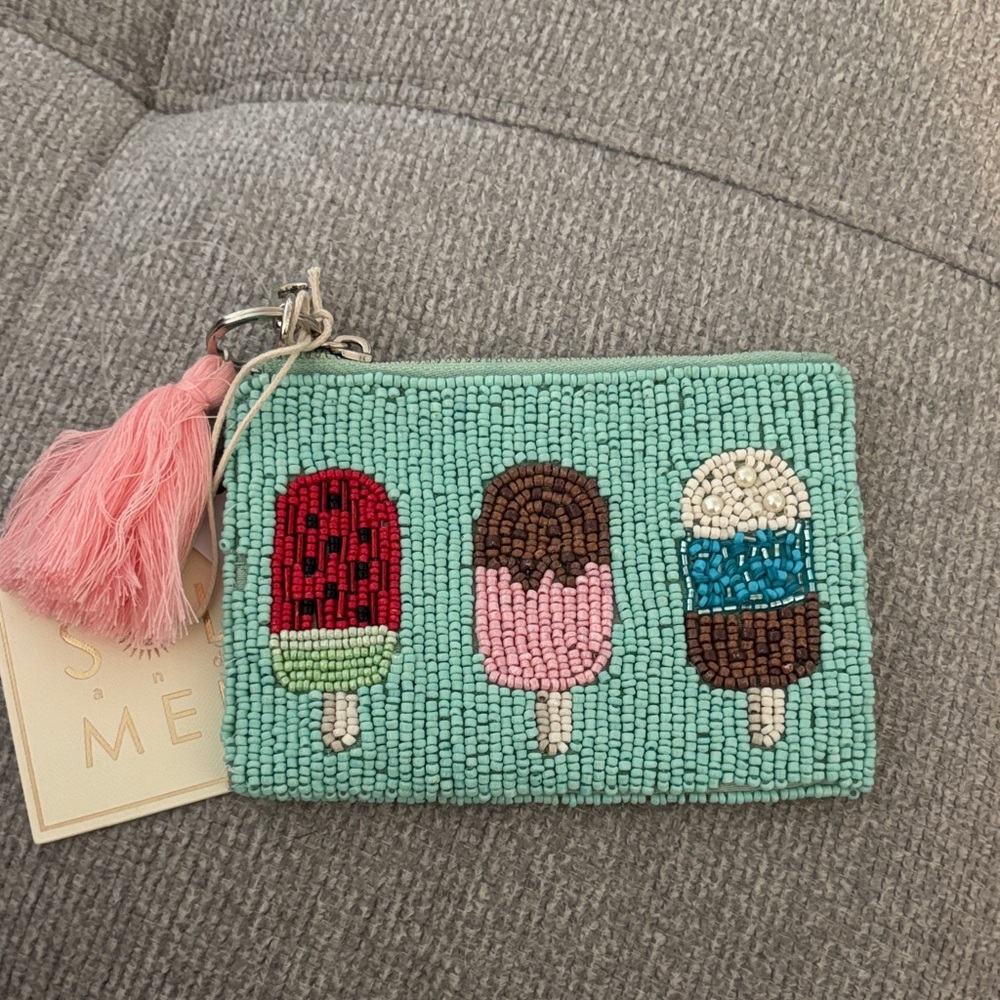 Beaded Ice Cream Zip Wallet with Pink Tassel - Mint